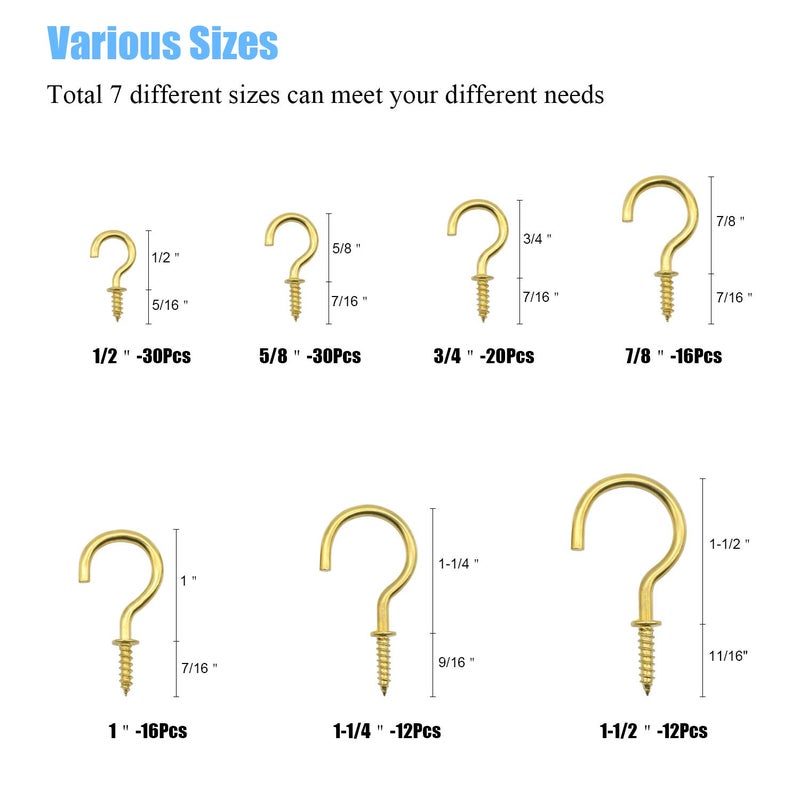 DYWISHKEY Cup Screw Hooks Kit, 136PCS 7 Sizes, Brass Plated Screw-in Hooks for Home, Office and Workplace (1/2", 3/4", 7/8", 1", 1-1/4", 1-1/2") - Image 3